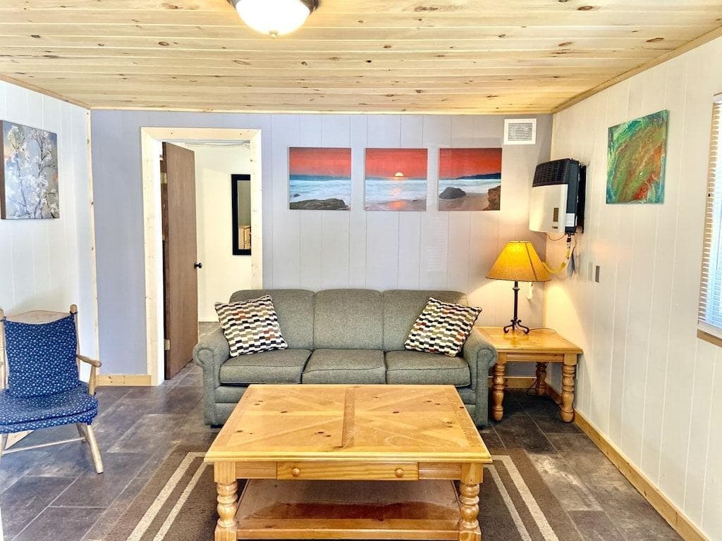 Living room from front entry door. Offers a queen size sleeper sofa